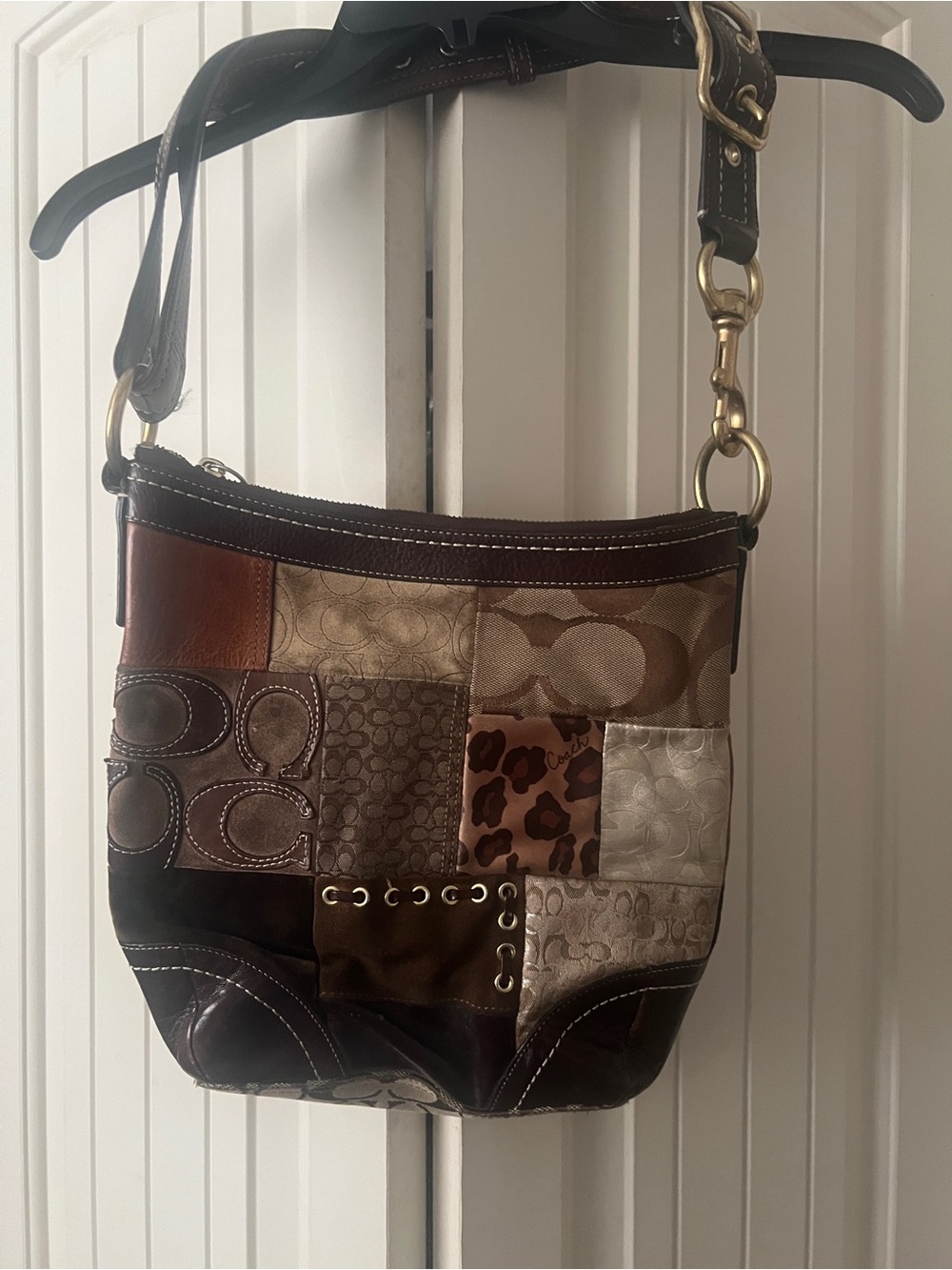 Coach Brown Multi Patchwork Shoulder Bag with Leopard Accent